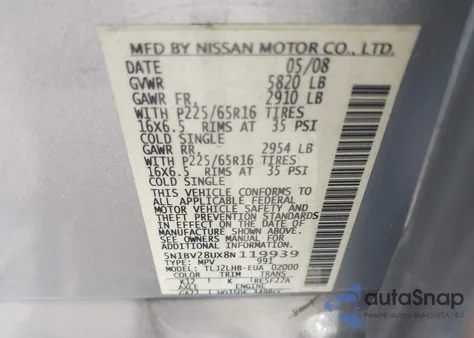 2008 Nissan Quest 3.5 S z USA, uszkodzony, nr VIN 5N1BV28UX8N119939